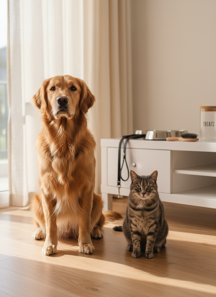 A well-groomed golden retriever and a calm gray tabby cat sit side by side on a light oak living room floor, both looking attentively toward the camera. Behind them, neatly organized pet supplies line a low white console: stainless steel bowls, a neatly folded leash, a soft brush, and a jar labeled “treats.” Soft afternoon sunlight filters through a large window with sheer curtains, creating gentle highlights on their fur and subtle shadows on the floor. Photographic realism with a clean, modern aesthetic, shot at eye level with a shallow depth of field so the pets are crisp while the background softly blurs. The mood is professional yet warm and reassuring, suggesting knowledgeable, compassionate pet care.