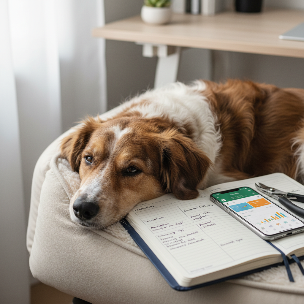 A close-up of a medium-sized mixed-breed dog lying comfortably on a plush, neutral-toned dog bed, its head resting near an open notebook filled with neatly written pet care notes. Beside the notebook lies a smartphone displaying a pet health app and a pair of stainless steel nail clippers arranged carefully. The setting is a tidy home office corner with a pale wooden desk and a small indoor plant in the softly blurred background. Natural diffused daylight from a nearby window illuminates the scene, creating soft shadows and a calm, focused mood. Photographic realism, shot from a slightly elevated angle, emphasizes the dog’s relaxed expression and the organized tools, conveying responsible, informed care.
