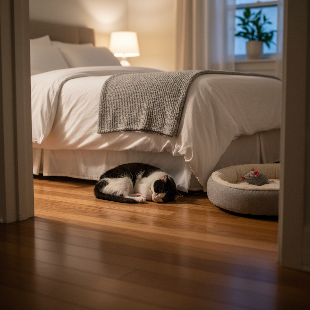 A serene bedroom scene featuring a short-haired tuxedo cat curled up at the foot of a neatly made bed with crisp white linens and a soft, heather-gray throw blanket. Beside the cat, a small, low-profile pet bed sits on the floor, lined with a cozy fleece pad and a single plush toy mouse. Warm, indirect evening light from a bedside lamp creates a gentle glow, casting soft shadows and subtle highlights on the cat’s sleek fur. Shot at a slightly low angle from the doorway, with photographic realism and a shallow depth of field, the composition draws the eye to the relaxed cat, evoking a calm, secure, and well-cared-for environment.